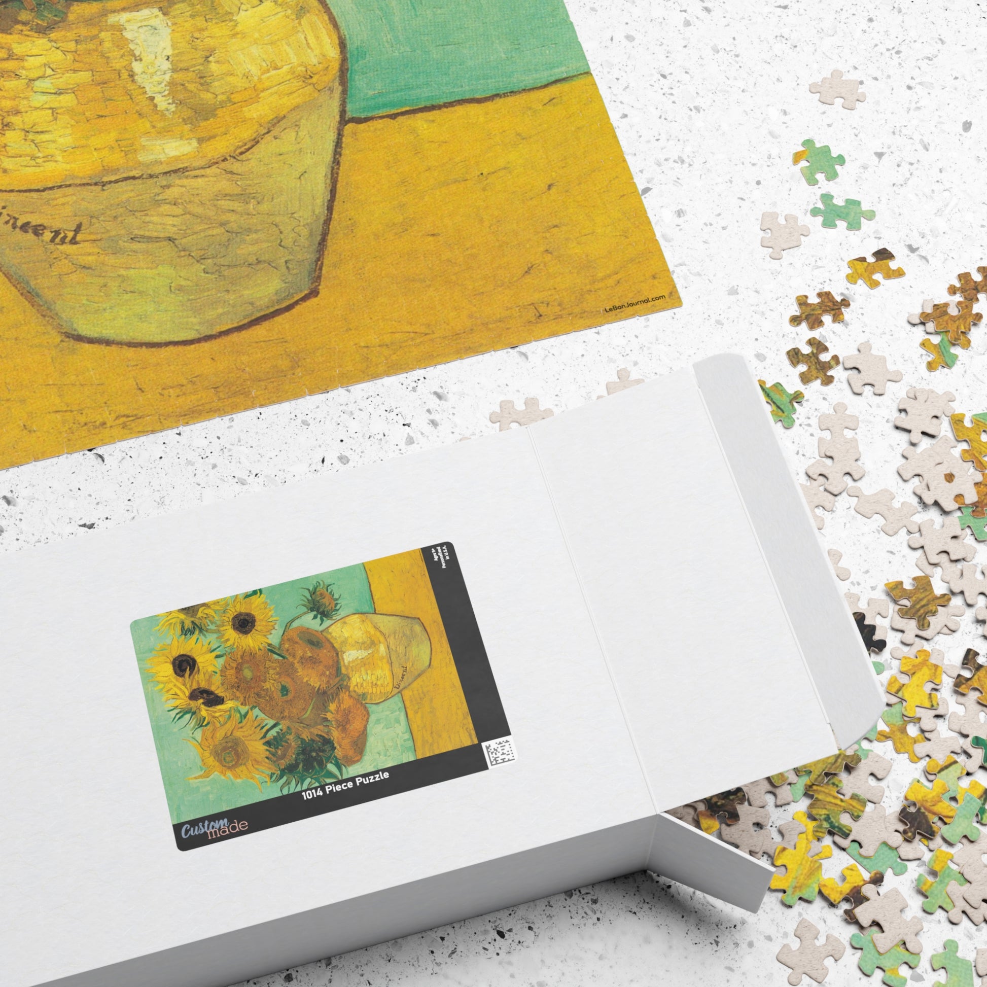 Van Gogh 1889 Twelve Sunflowers Philadelphia Museum puzzle box with pieces and turquoise sunflowers artwork on lid - LeBonJournal