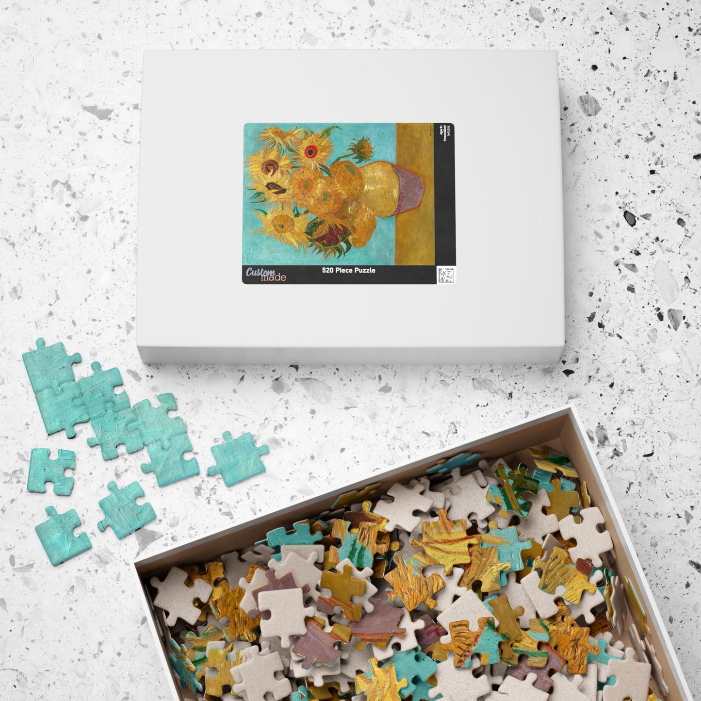 Van Gogh 1888 Twelve Sunflowers Neue Pinakothek puzzle box with pieces and turquoise sunflowers artwork on lid - LeBonJournal
