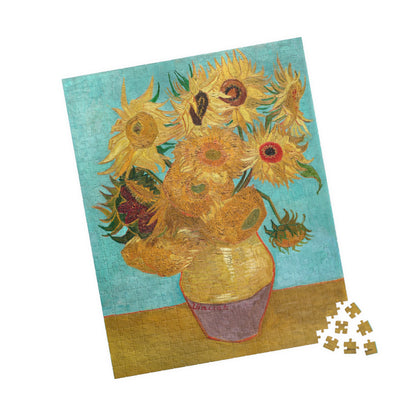 Van Gogh 1888 Twelve Sunflowers Neue Pinakothek puzzle 520 pieces in lifestyle setting with warm editorial home decor - LeBonJournal