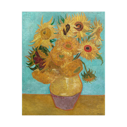 Van Gogh 1888 Twelve Sunflowers Neue Pinakothek Munich puzzle front view 520 pieces turquoise background Arlés series - LeBonJournal