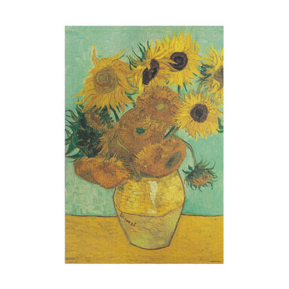 Van Gogh 1889 Twelve Sunflowers Philadelphia Museum of Art puzzle front view 1014 pieces turquoise background Arlés replica - LeBonJournal