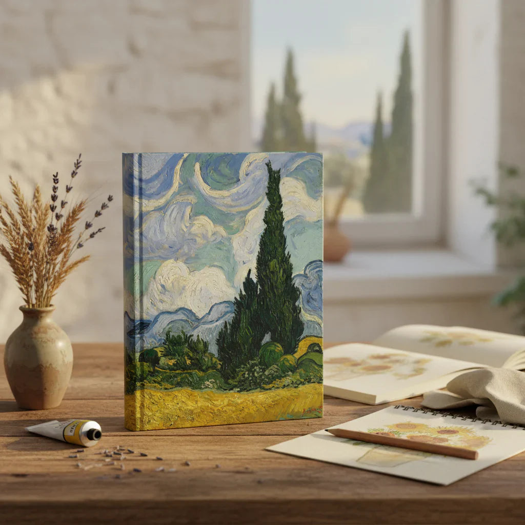 Van Gogh Wheat Field with Cypresses 1889 journal in Provençal studio with golden light and cypress trees - LeBonJournal