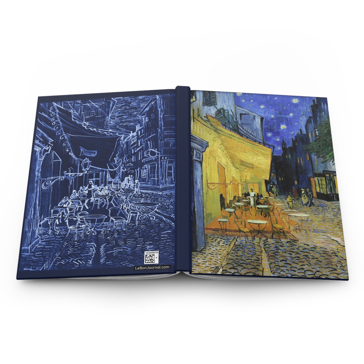 Van Gogh hardcover journal spine and full-wrap Café Terrace at Night yellow blue Post-Impressionist design - LeBonJournal

