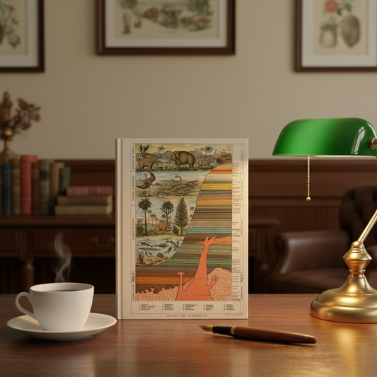 Victorian 1880 geology and palaeontology journal standing vertically on dark walnut desk beside brass lamp fountain pen and coffee cup in warm golden light - LeBonJournal