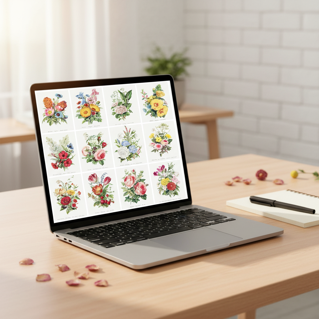 Robert Tyas 1896 Language of Flowers Victorian floral emblems digital collection displayed on laptop at modern desk - LeBonJournal