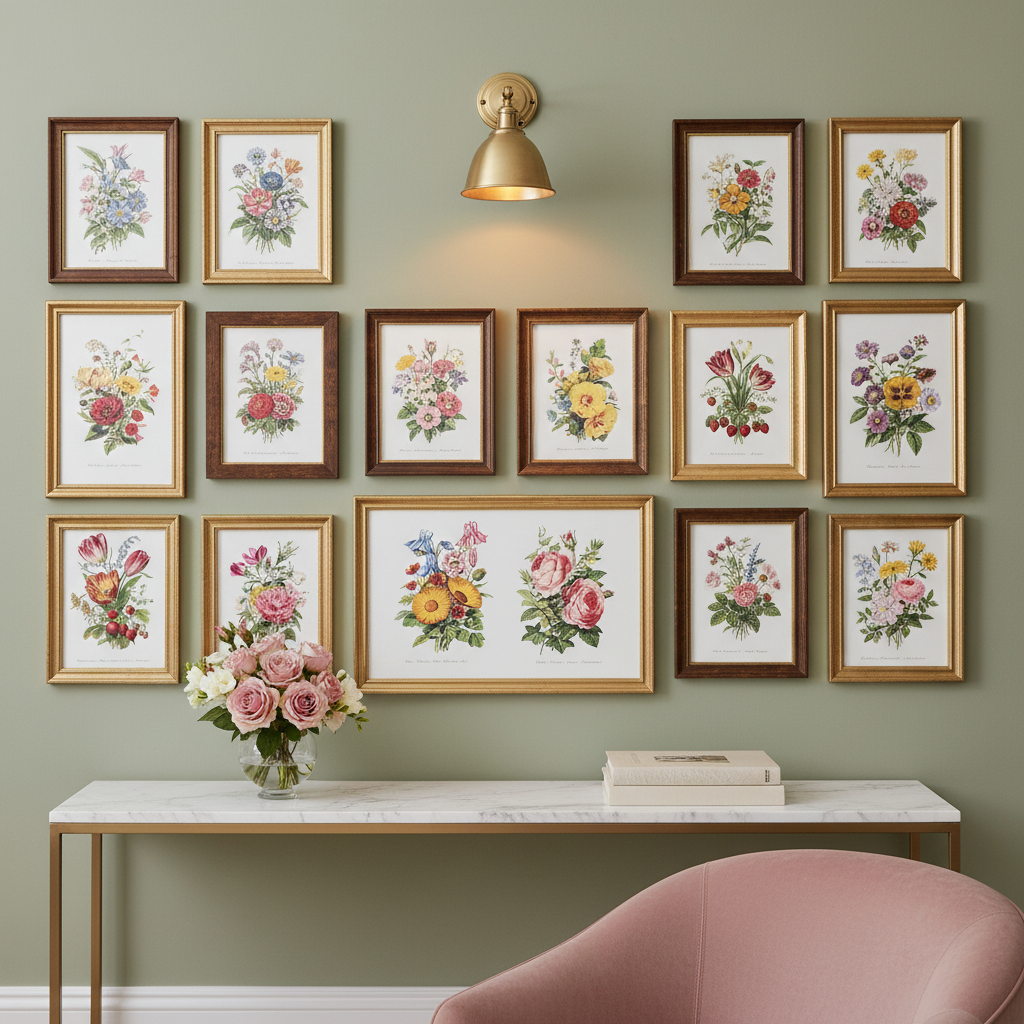Victorian botanical floral illustrations gallery wall in elegant home with gold frames and marble console - LeBonJournal
