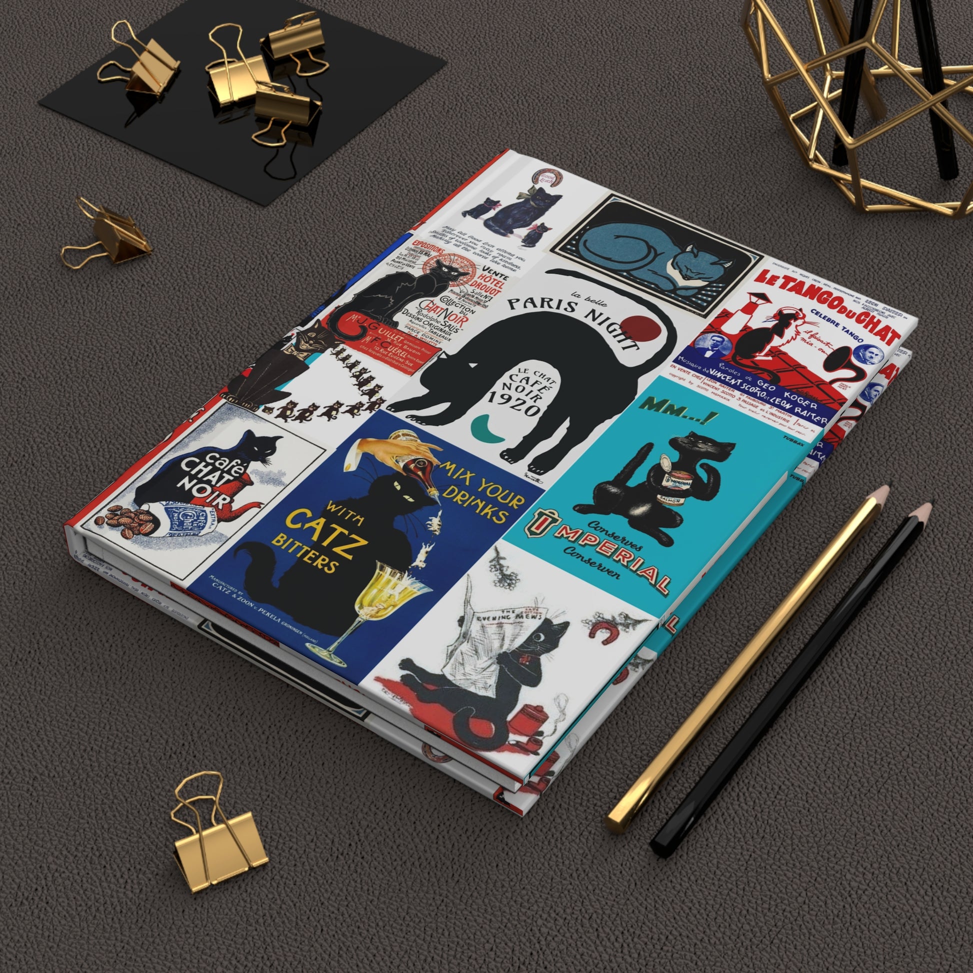 Vintage 1898-1920s black cats collage journal on workspace celebrating Belle Époque Paris café cabaret culture - LeBonJournal
