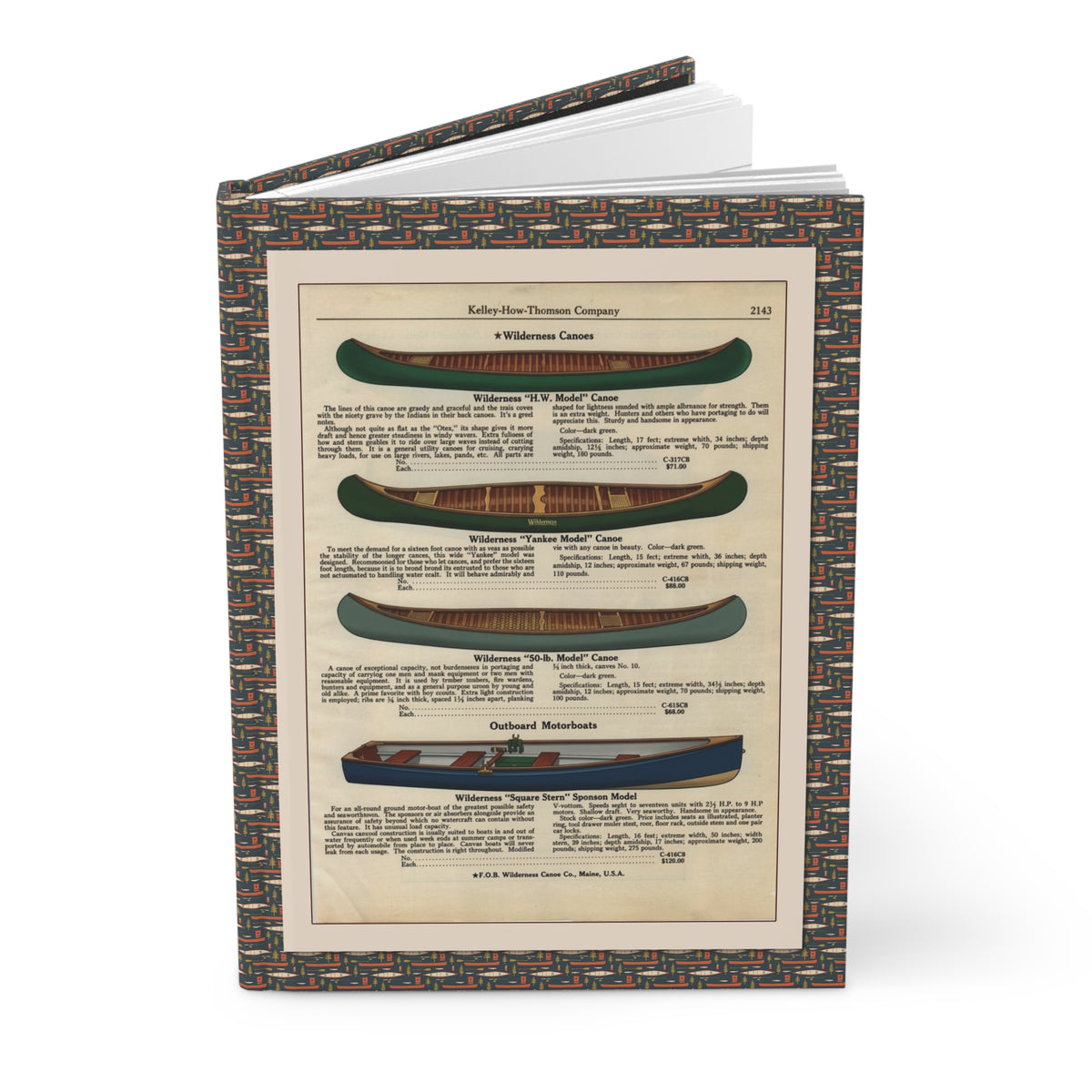 Vintage canoe catalog blank journal front cover with Kelley-How-Thomson 1920s Wilderness Canoes catalog page on woven canoe-pattern border - LeBonJournal