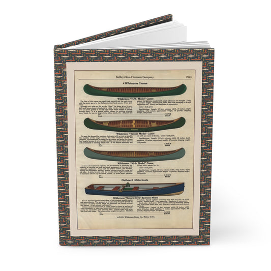 Vintage canoe catalog blank journal front cover with Kelley-How-Thomson 1920s Wilderness Canoes catalog page on woven canoe-pattern border - LeBonJournal