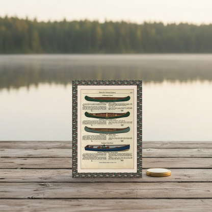 Vintage canoe catalog blank journal at wilderness lake dock with brass compass and canoe on still water - LeBonJournal
