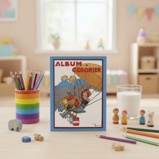 Vintage French Album à Colorier softcover coloring book with colored pencils animal sharpener eraser toys glass of milk and toy figurines in cheerful children's setting - LeBonJournal