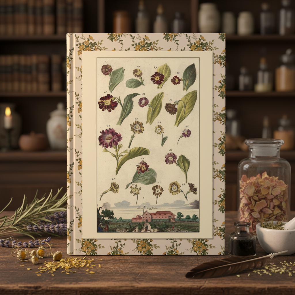 Volkamer 1708 Nürnbergische Hesperides medicinal flowers journal in early 18th-century German apothecary study with dried herbs and mortar - LeBonJournal