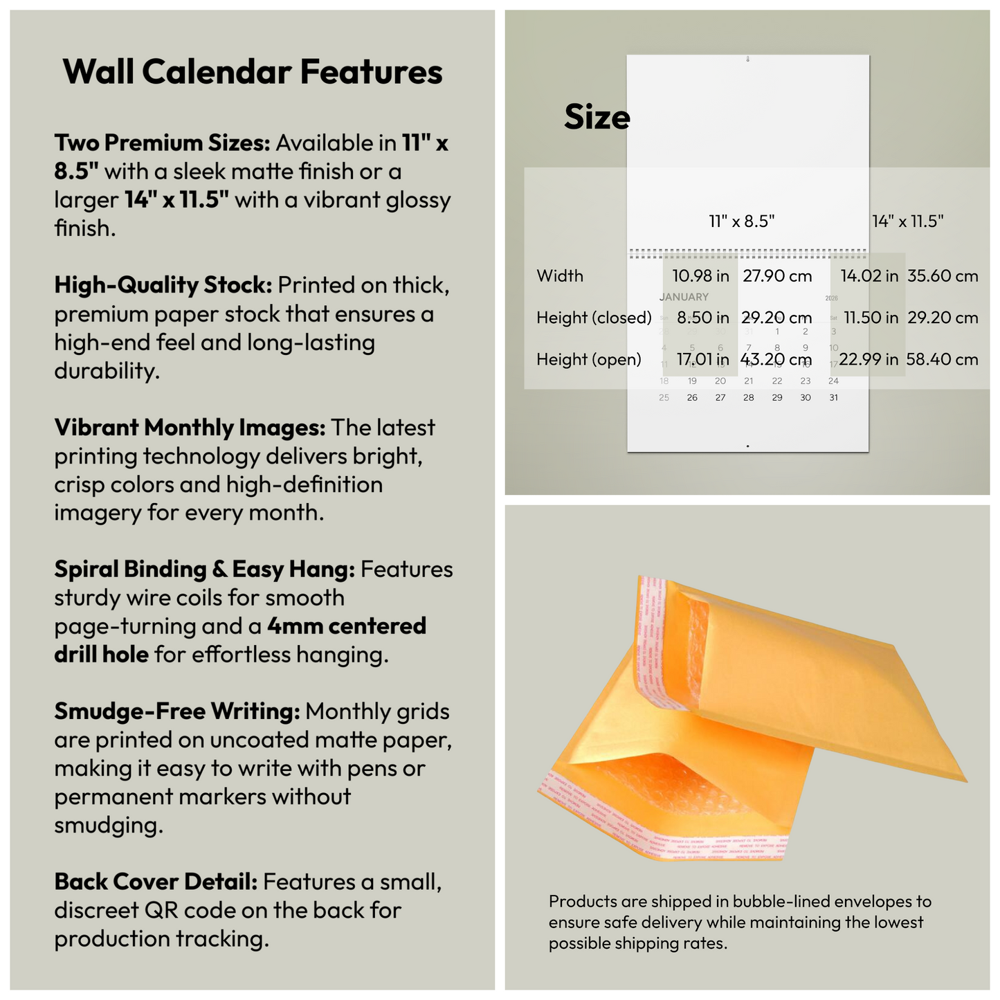 Wall calendar features showing wire coil binding centered hanging hole thick paper stock matte monthly grid vibrant printing - LeBonJournal