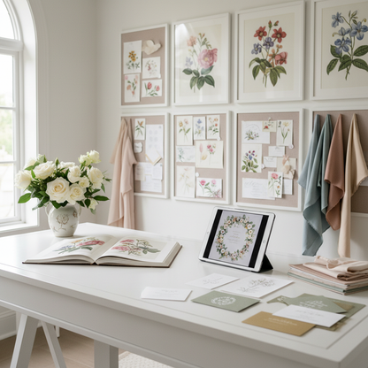 Wedding planner workspace featuring Victorian floral illustrations and romantic design materials - LeBonJournal