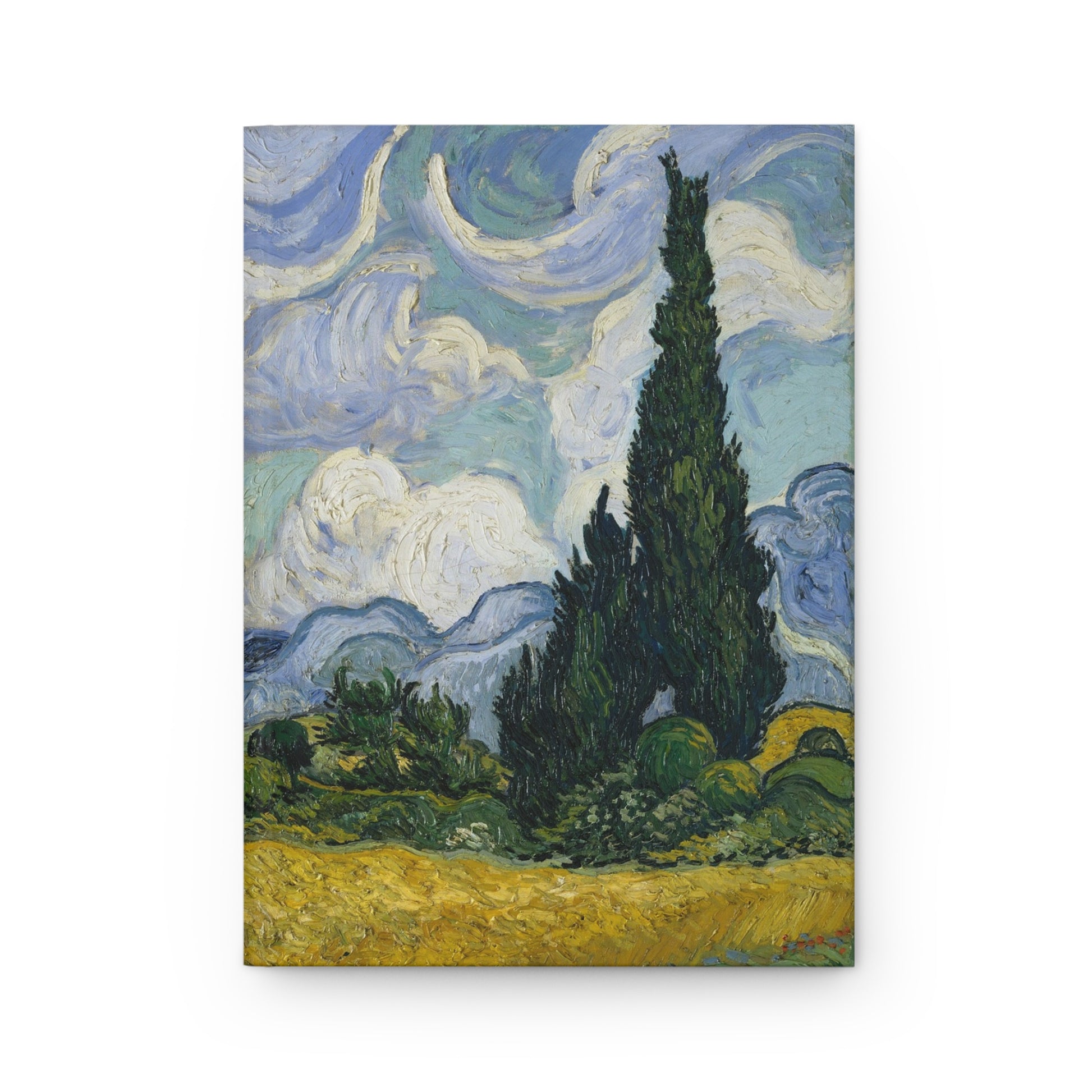 Wheat Field with Cypresses front cover by Vincent van Gogh 1889, turbulent Provençal landscape with golden wheat and swirling sky - LeBonJournal