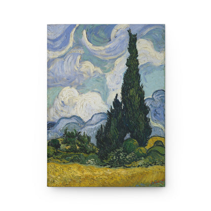 Wheat Field with Cypresses front cover by Vincent van Gogh 1889, turbulent Provençal landscape with golden wheat and swirling sky - LeBonJournal
