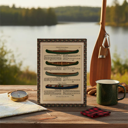 Vintage canoe catalog journal on lakeside dock with vintage outdoor gear, paddle and wilderness camping ephemera 1920s - LeBonJournal