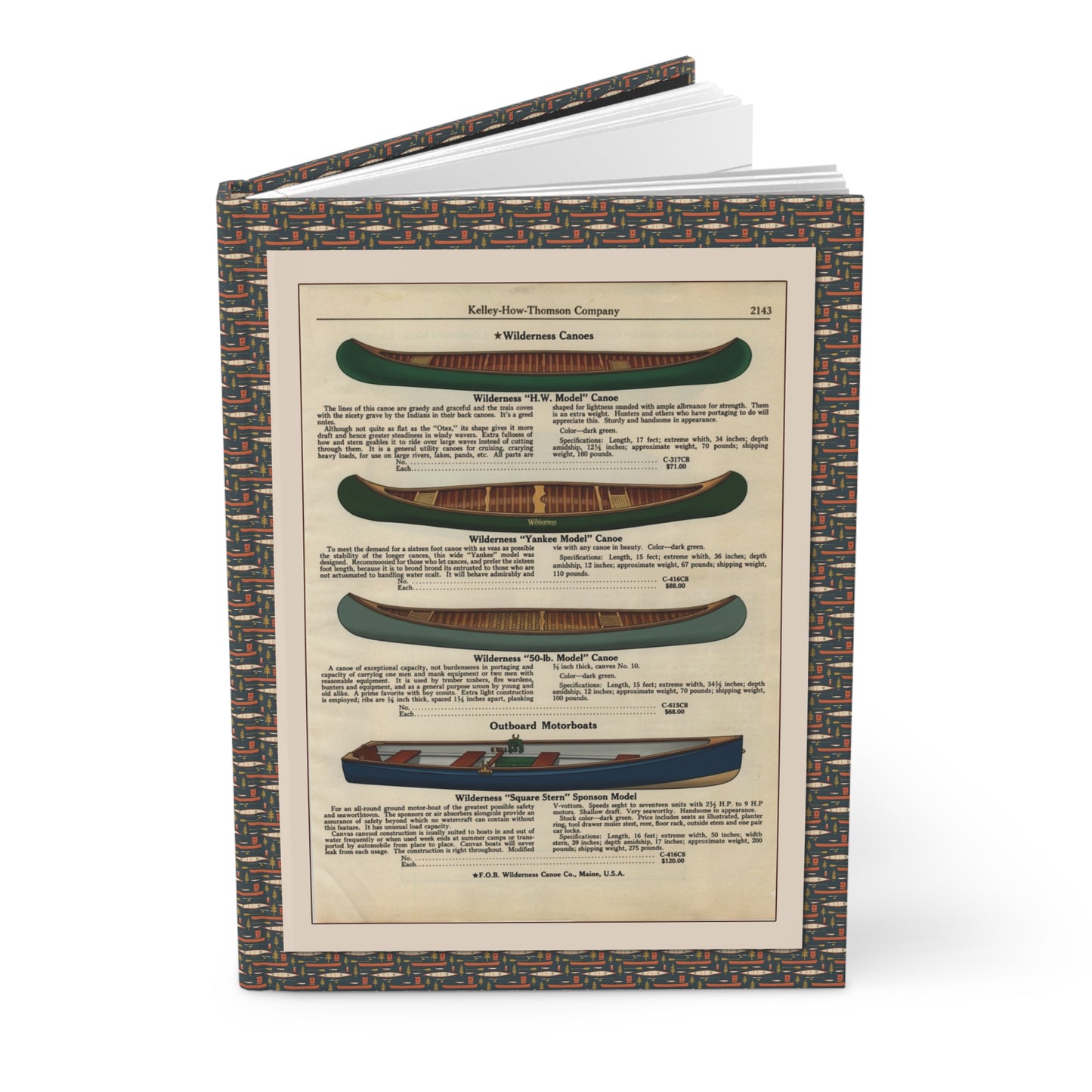 Wilderness canoe hardcover journal standing vertically slightly open showing lined pages, vintage 1920s canoe catalog cover with interwar outdoor design - LeBonJournal