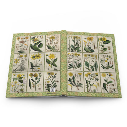 Wildflower journal open flat showing front and back covers with Schkuhr 1808 Botanisches Handbuch Asteraceae copper engravings and casewrap spine - LeBonJournal
