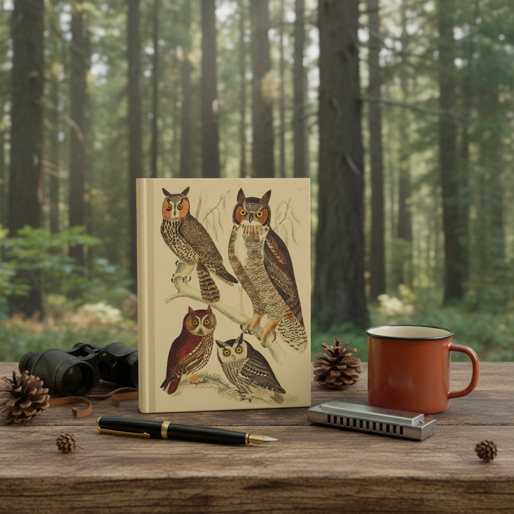 Wilson 1808 owls serenade journal on camp table in forest with binoculars harmonica enamel mug and pine cones - LeBonJournal
