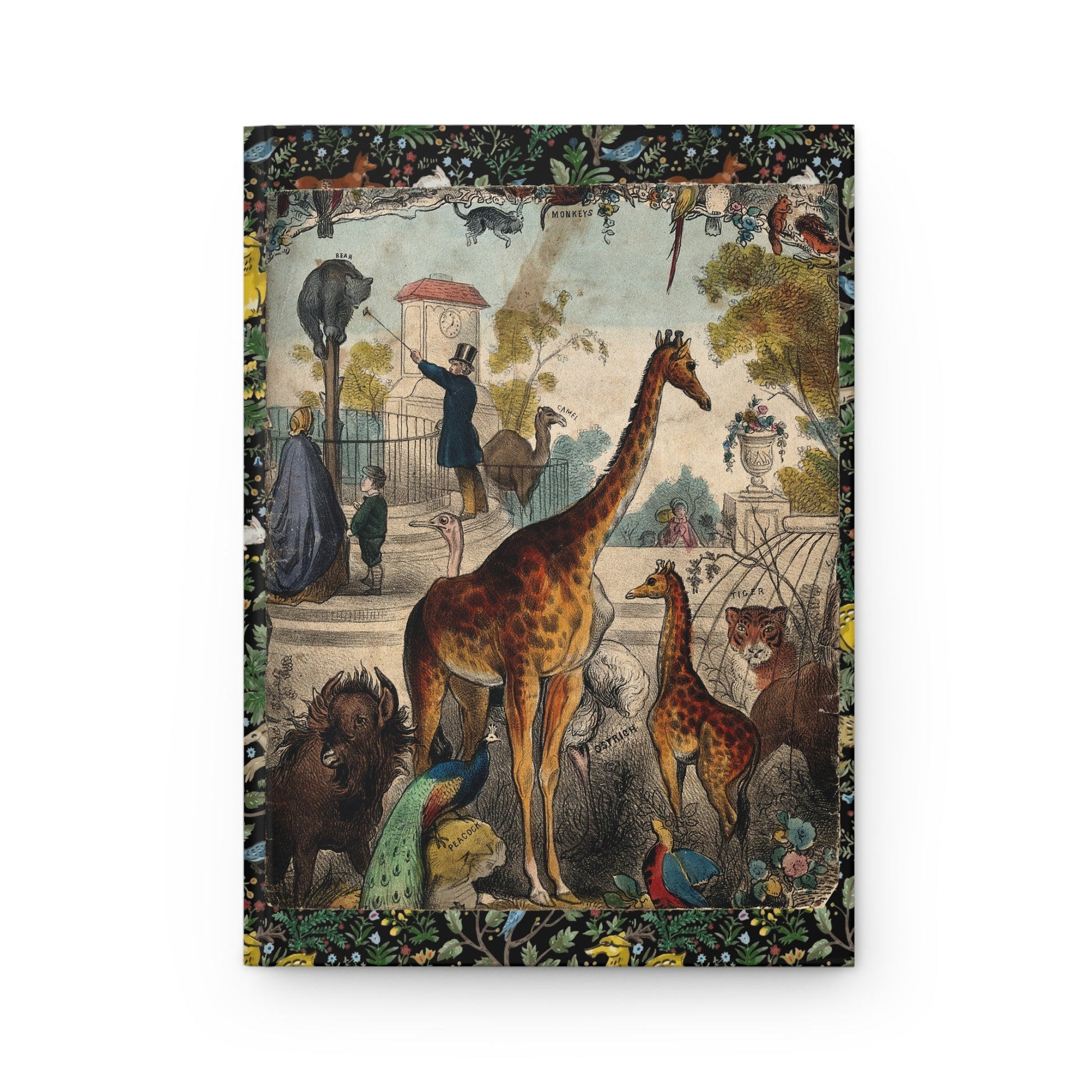 Zoological Gardens Regent's Park front cover with giraffes, Bengal tiger, peacocks and exotic birds, William Spooner hand-coloured lithograph London c.1844 - LeBonJournal