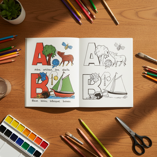 A.B.C. à Colorier vintage alphabet coloring book open on antique wooden table showing letters A and B with modern art supplies for kids and therapy activities - LeBonJournal
