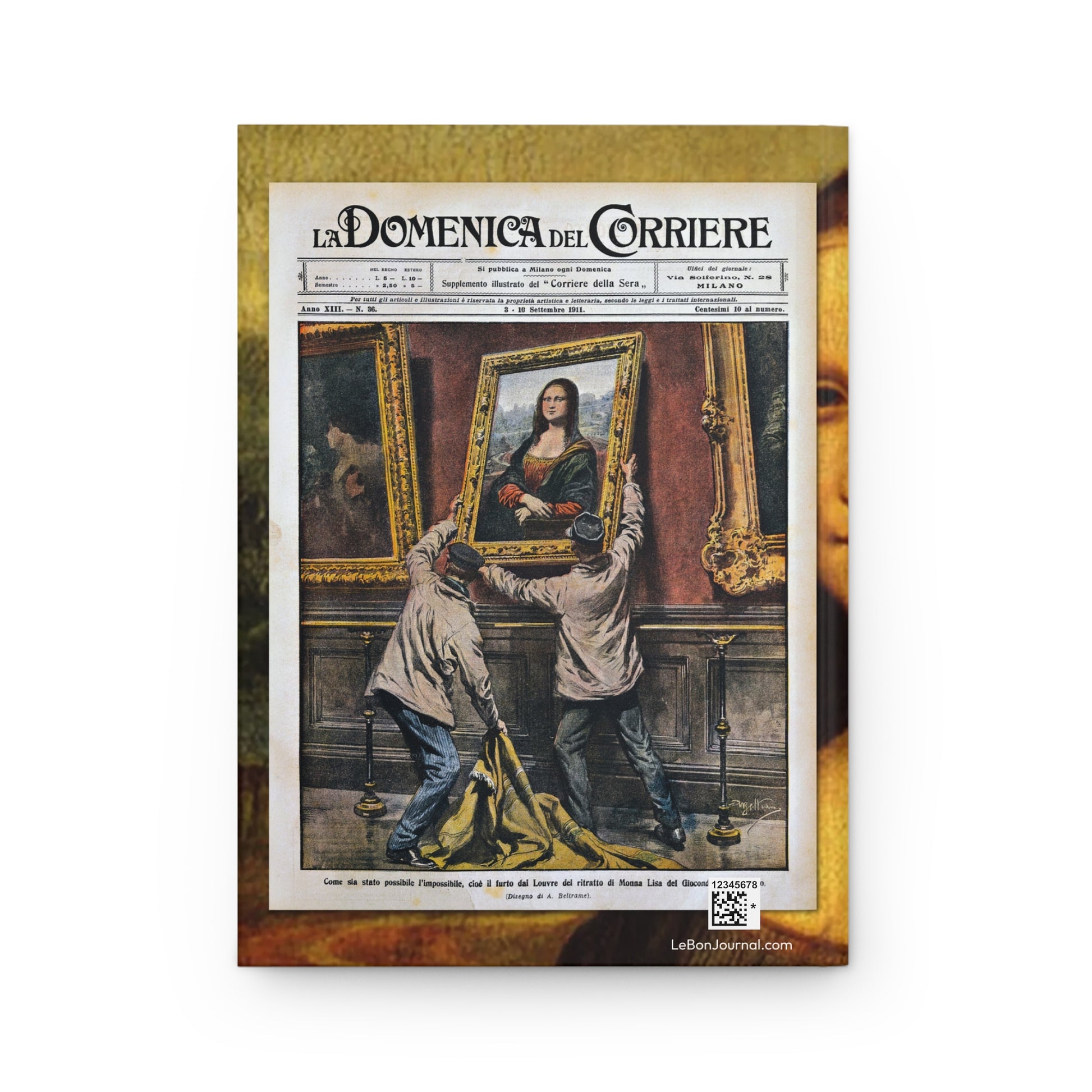 Back cover of hardcover journal featuring Achille Beltrame 1911 La Domenica del Corriere illustration of Mona Lisa theft from Louvre - LeBonJournal