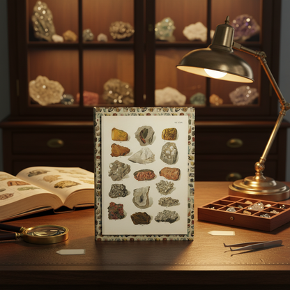 Lifestyle photo of Alexander Bernard mineralogy atlas journal standing upright on dark wood desk with magnifying glass cataloging labels mineral specimens and vintage lamp LeBonJournal
