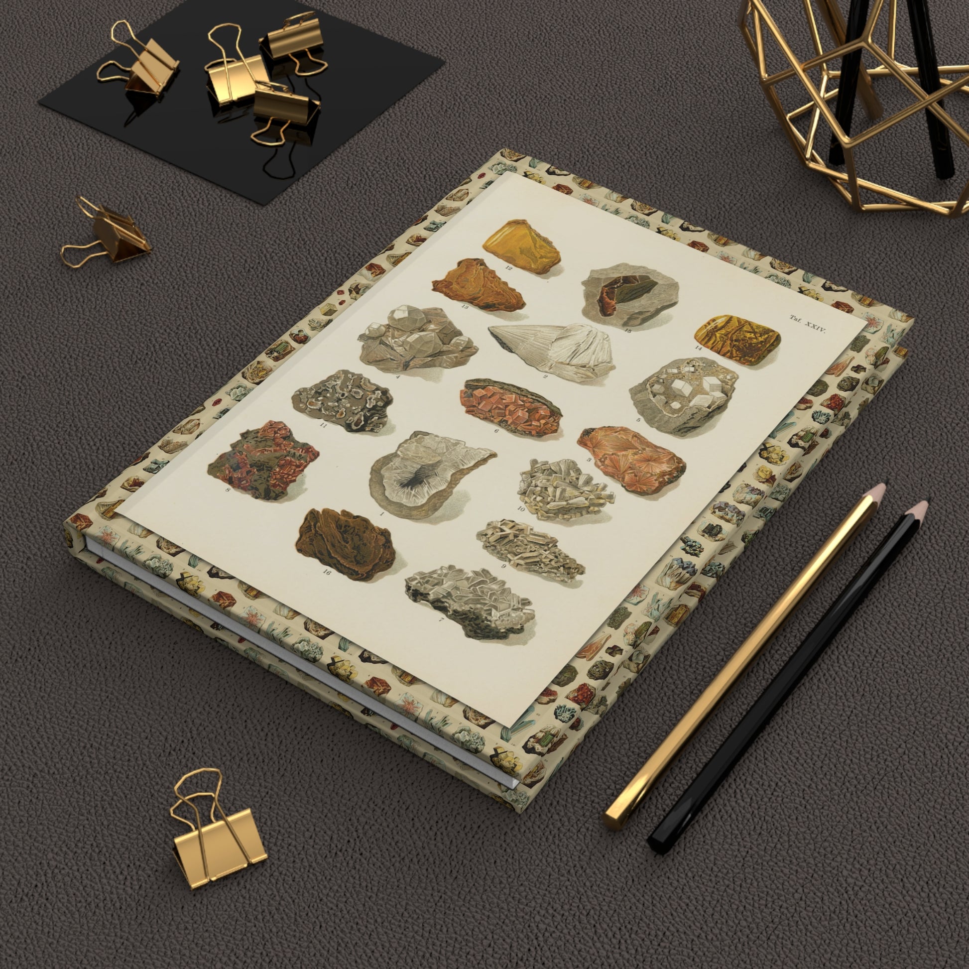 Lifestyle photo of Alexander Bernard mineralogy atlas journal styled for geologists mineral collectors and earth science enthusiasts - LeBonJournal
