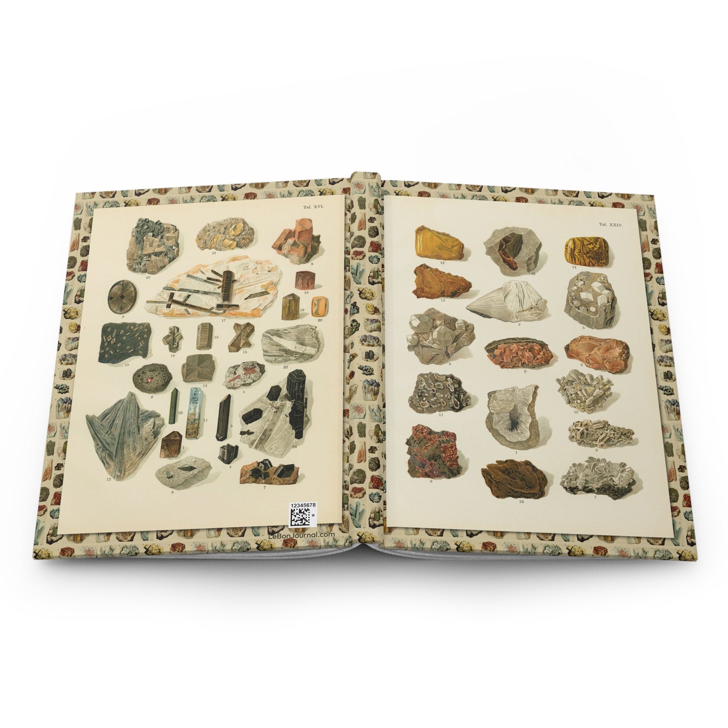 Hardcover journal opened flat showing spine binding and both covers with Alexander Bernard Plates XXIV and XVI mineralogy lithographs from 1907 - LeBonJournal