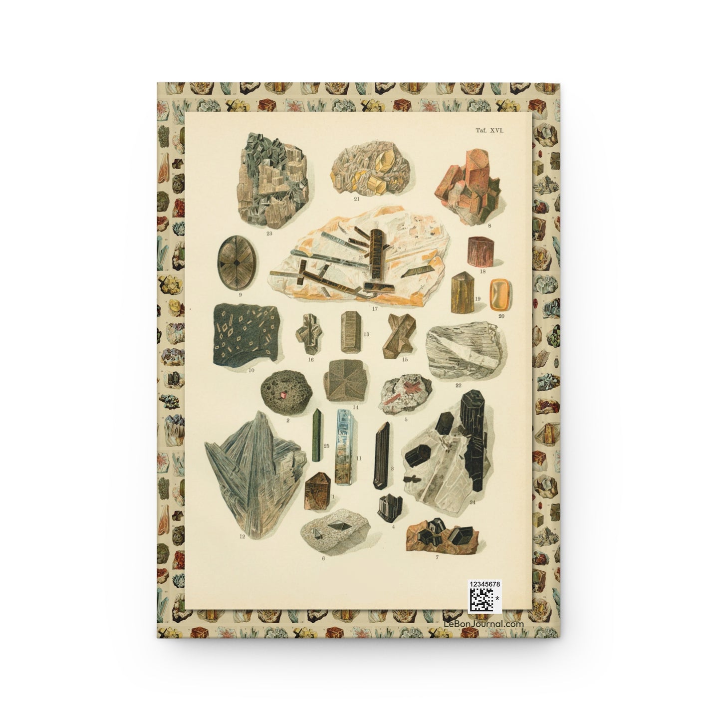 Back cover of hardcover journal featuring Alexander Bernard Plate XVI mineral specimens crystalline forms from Atlas Minerálů 1907 Prague - LeBonJournal