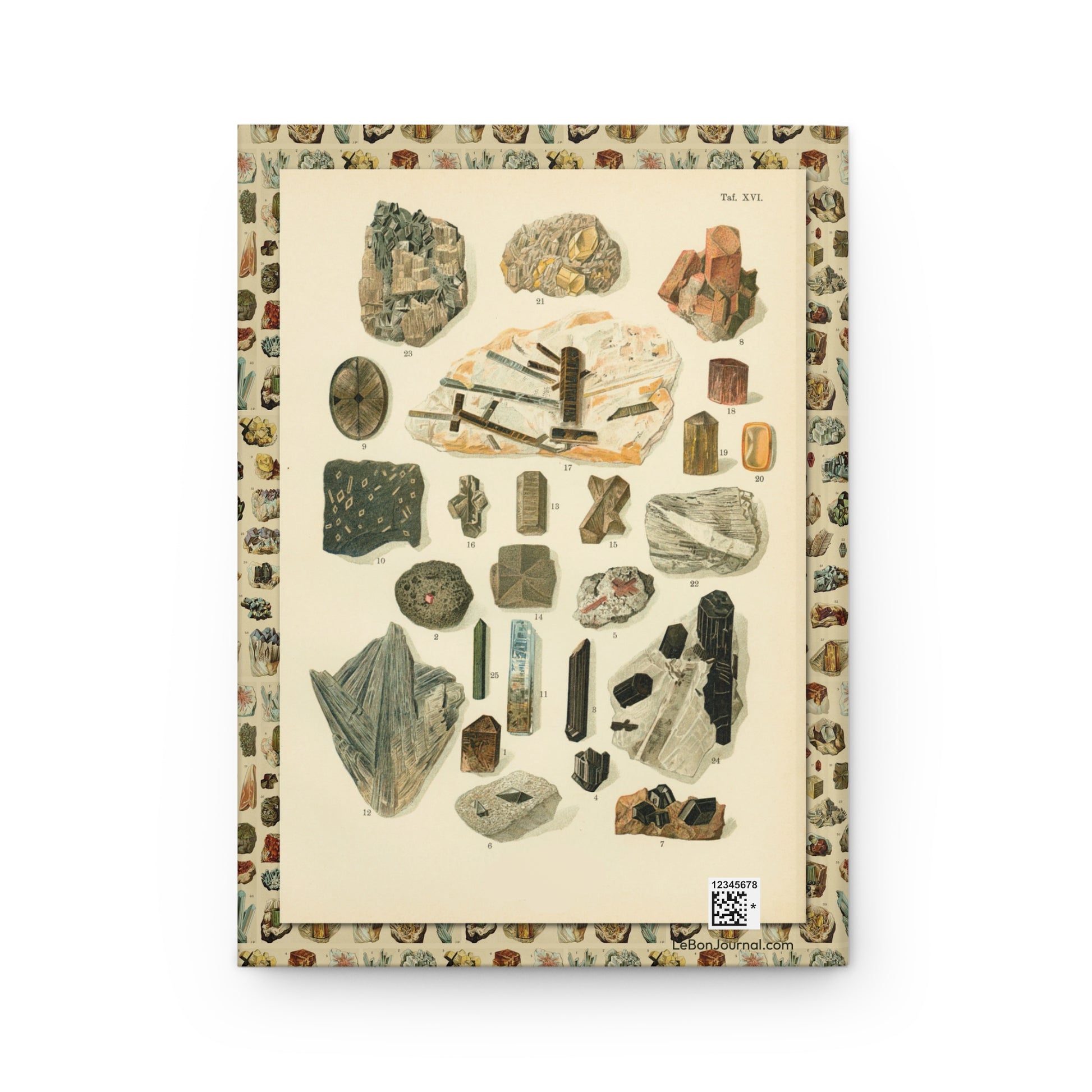 Back cover of hardcover journal featuring Alexander Bernard Plate XVI mineral specimens crystalline forms from Atlas Minerálů 1907 Prague - LeBonJournal