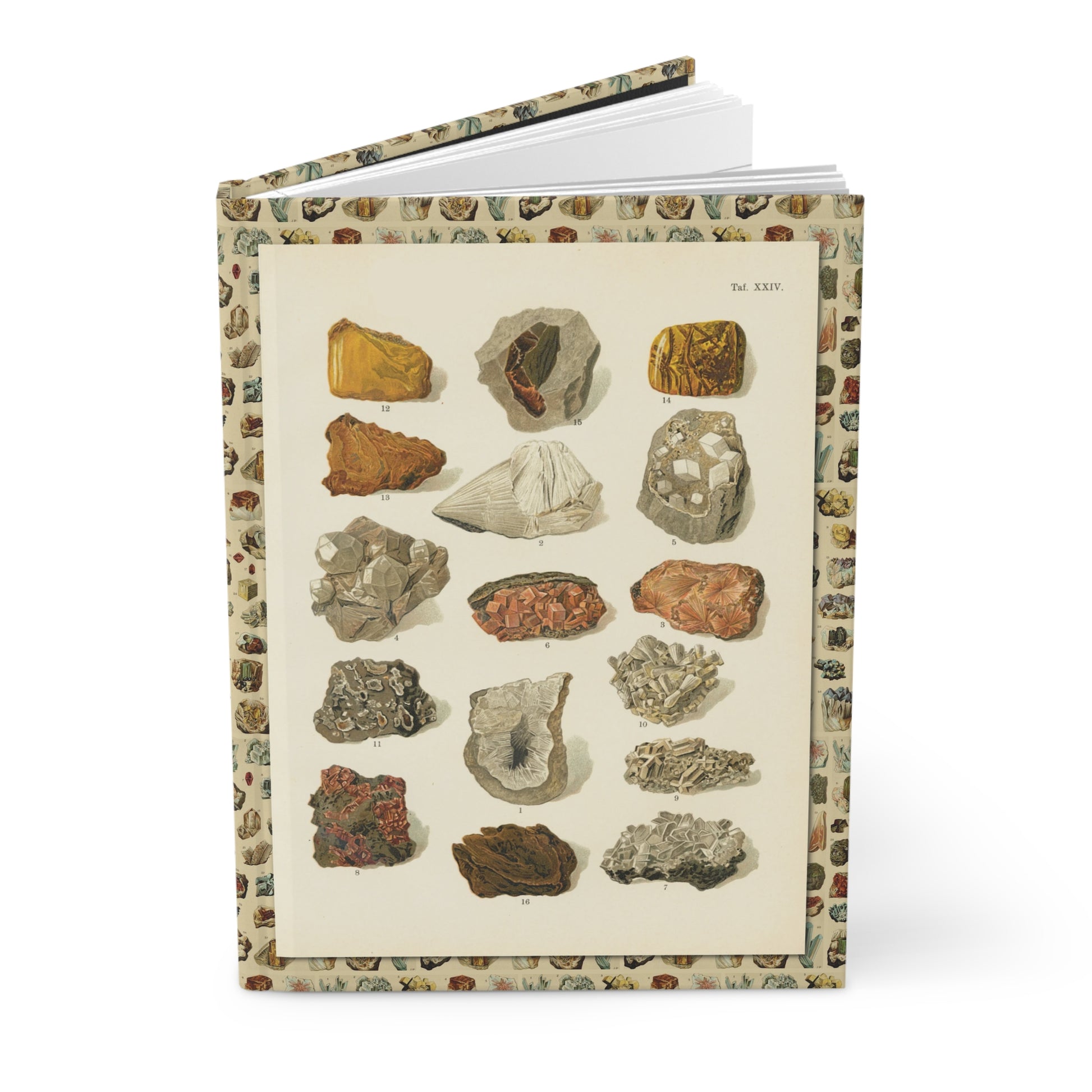 Hardcover journal standing upright showing Alexander Bernard Plate XXIV mineralogy atlas 1907 lithographic mineral illustrations on front cover - LeBonJournal
