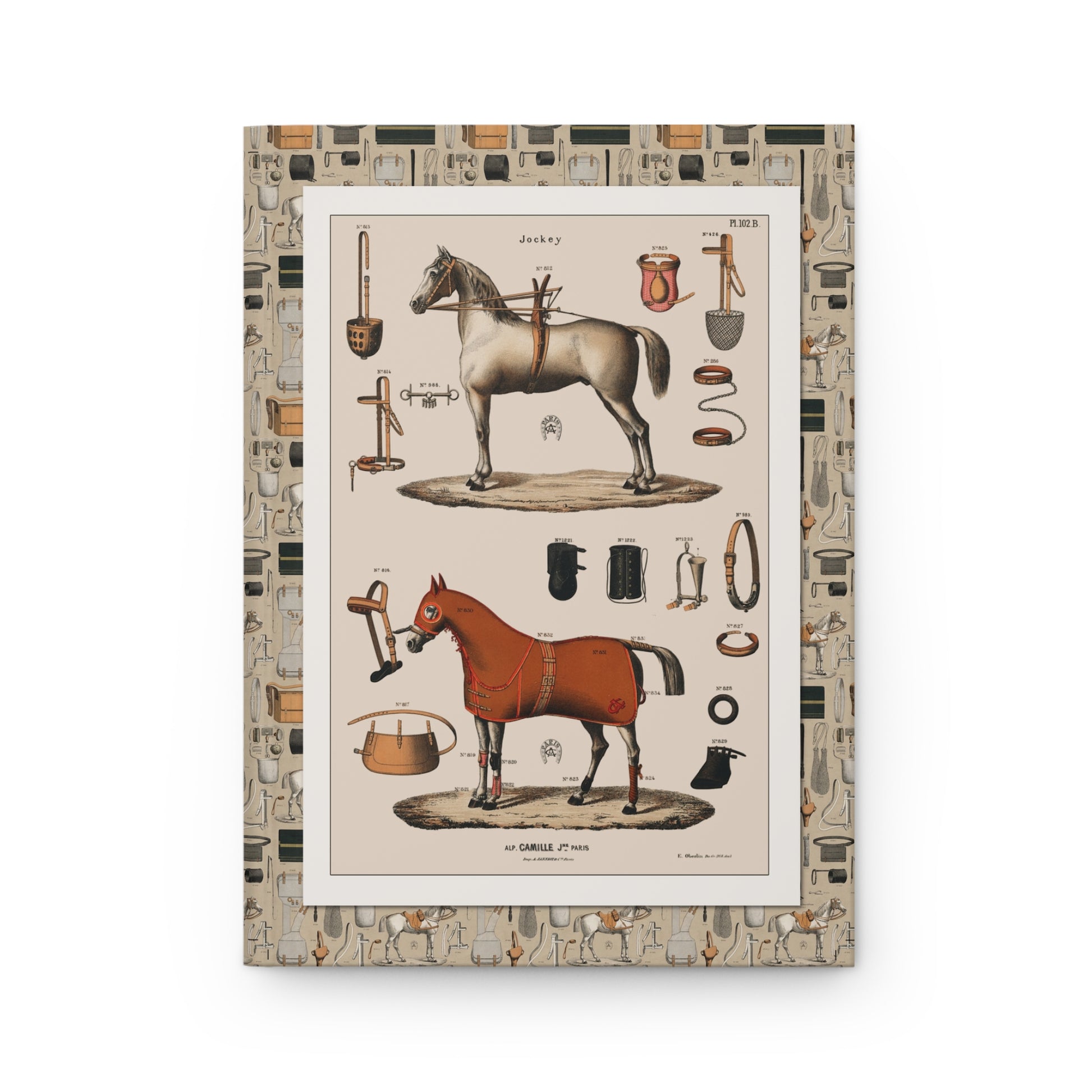 Front cover close-up contemporary composition 1890 Alp Camille Jeune jockey equipment saddles bridles stirrups chromolithograph Parisian saddlery - LeBonJournal