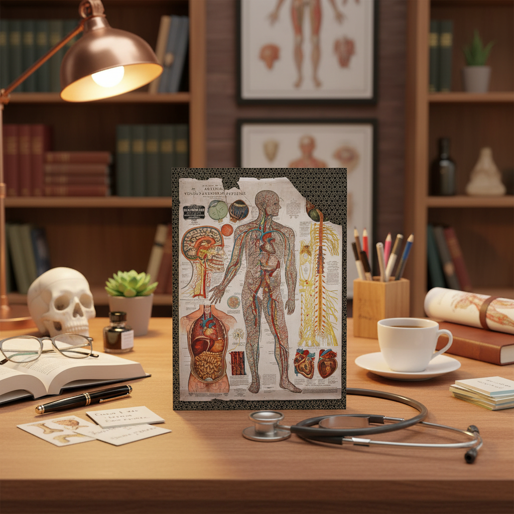Anatomy journal at medical student desk with stethoscope anatomical model textbook Gustave Michel 1910 - LeBonJournal
