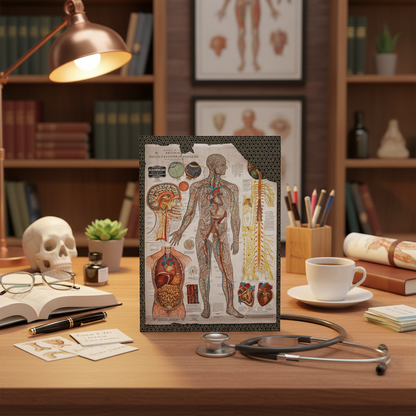 Anatomy journal at medical student desk with stethoscope anatomical model textbook Gustave Michel 1910 - LeBonJournal

