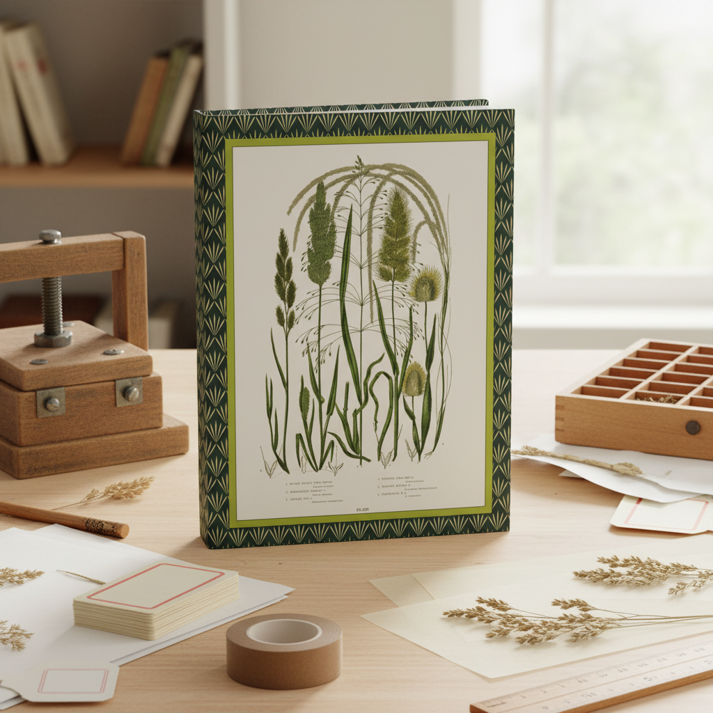Lifestyle photo of Anne Pratt British grasses journal standing upright on herbarium table with botanical press blotting paper pressed specimens and labels - LeBonJournal