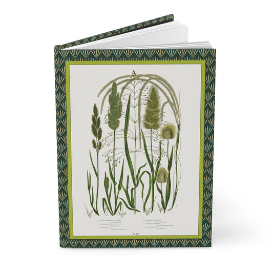 Hardcover journal standing upright showing Anne Pratt plate 251 British grasses chromolithograph from 1855 botanical illustration on front cover - LeBonJournal