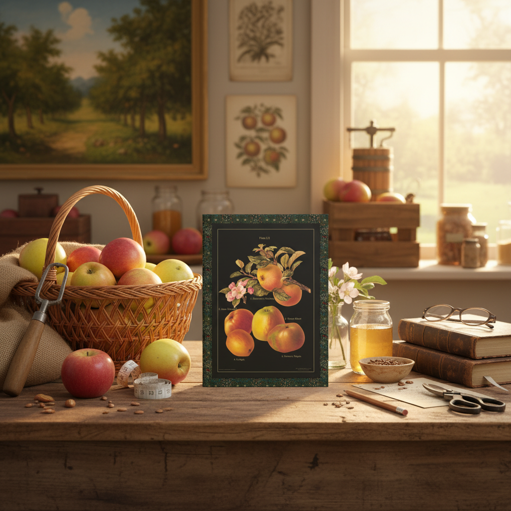 Apple journal at harvest table with wicker basket fresh apples orchard harvest Herefordshire Pomona 1885 - LeBonJournal