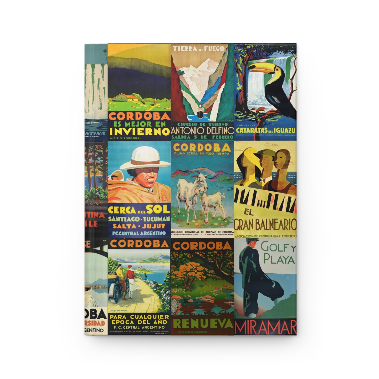 Front cover of hardcover journal featuring vintage Argentine travel posters collage with Córdoba Mendoza Iguazú Necochea destinations from early 1900s railway tourism - LeBonJournal