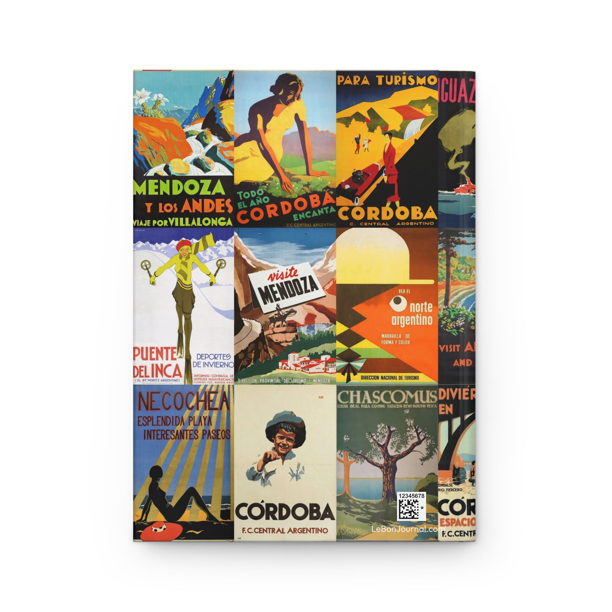 Back cover of hardcover journal featuring vintage Argentine travel posters collage with F.C. Central Argentino railway destinations Tierra del Fuego Miramar Chascomús - LeBonJournal