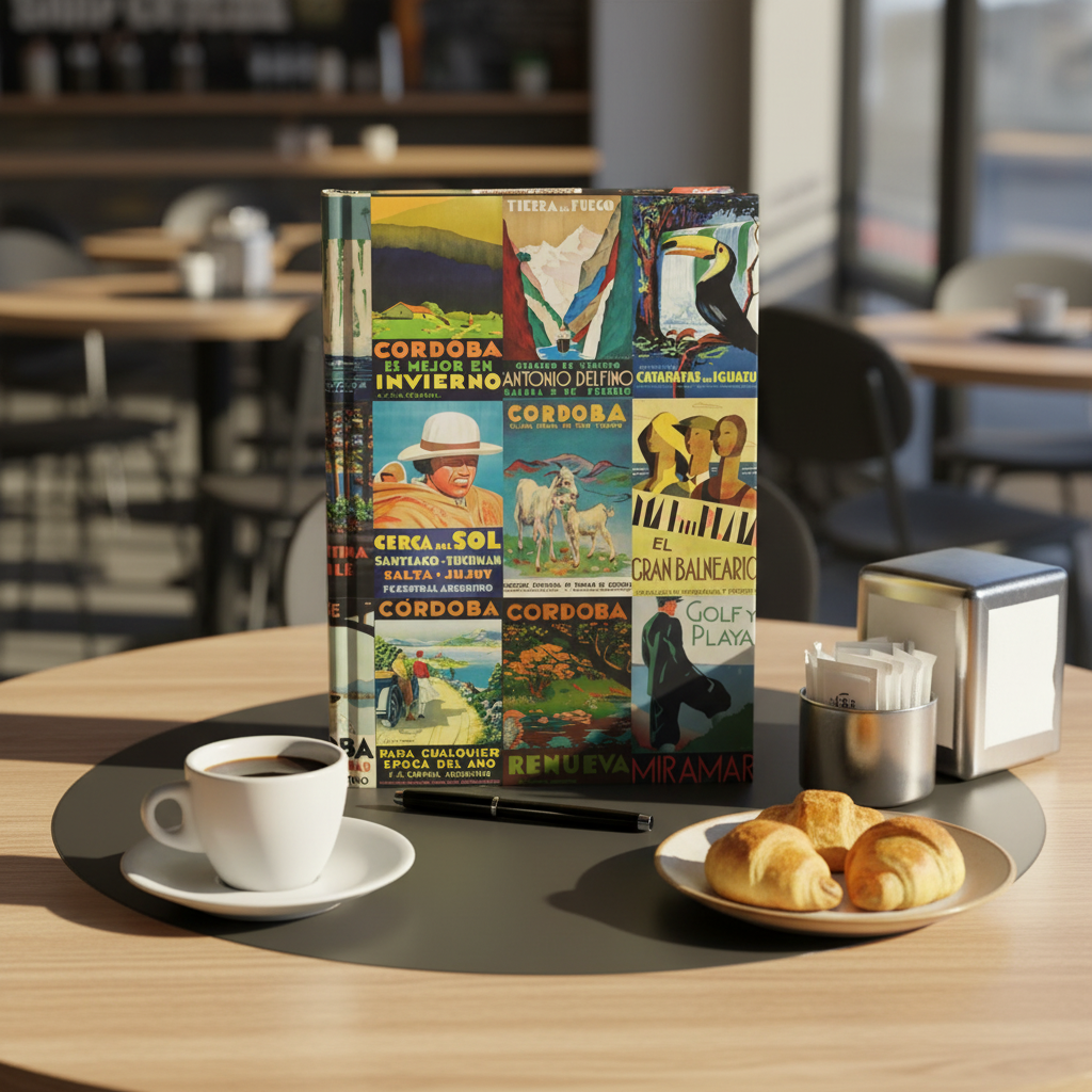 Lifestyle photo of Argentina vintage travel posters journal standing upright on Buenos Aires café table with coffee cup medialunas sugar packets and napkin dispenser - LeBonJournal