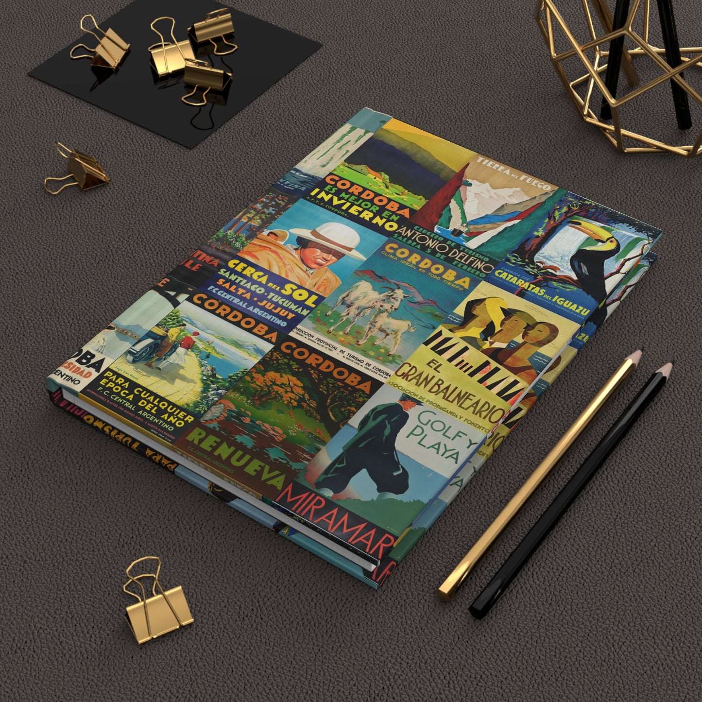 Lifestyle photo of Argentina vintage travel posters journal styled for travelers Argentines abroad and South America adventure enthusiasts - LeBonJournal