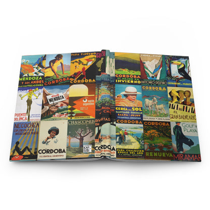 Hardcover journal opened flat showing spine binding and both covers with vintage Argentine travel posters collage from 1900s railway era - LeBonJournal