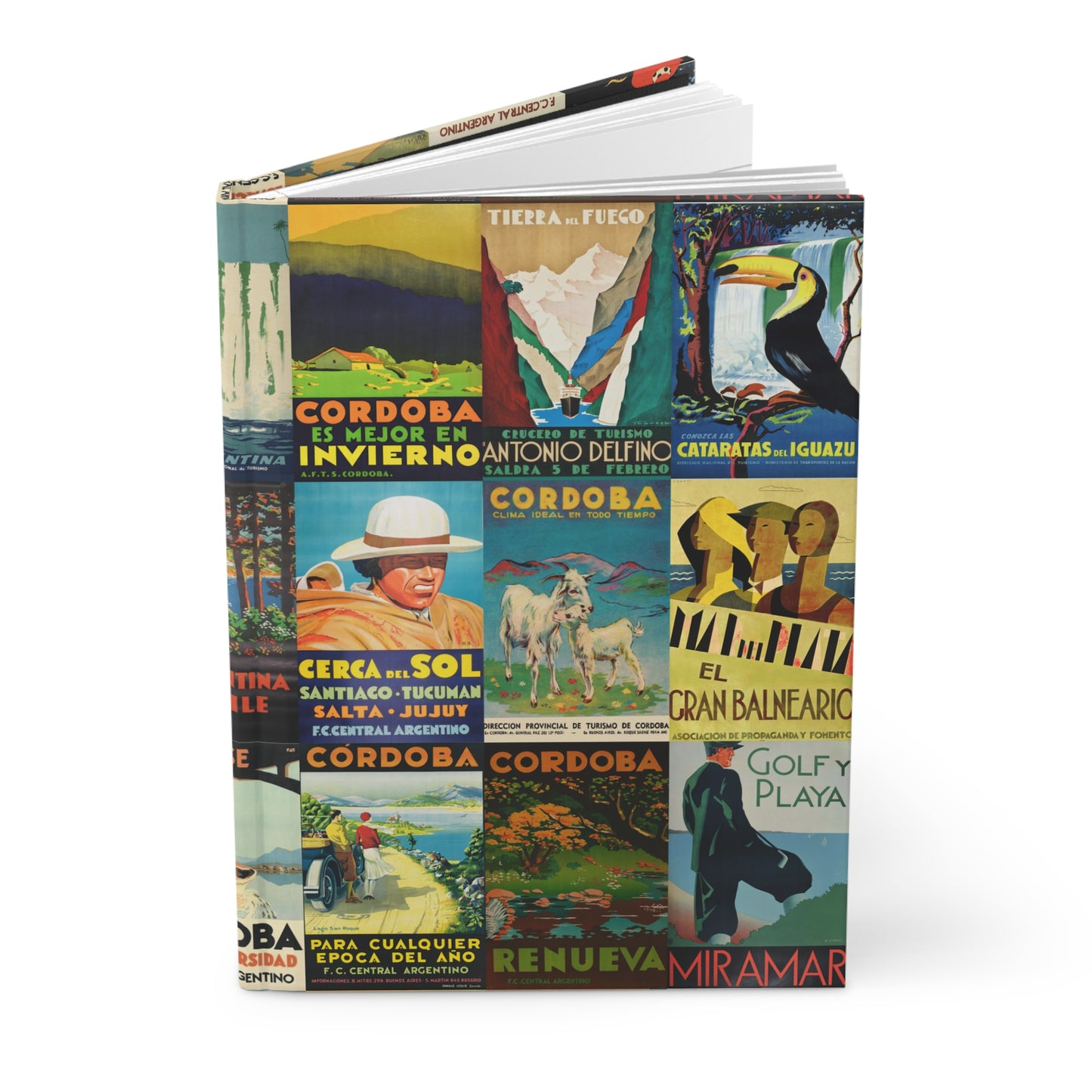 Hardcover journal standing upright showing vintage Argentine travel posters collage from early 20th-century F.C. Central Argentino railway on front cover - LeBonJournal