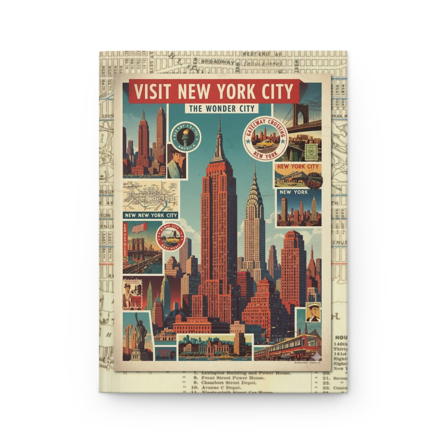 Front cover close-up vintage-style Art Deco New York travel poster Empire State Building Chrysler Building Brooklyn Bridge Statue of Liberty bold typography geometric forms - LeBonJournal