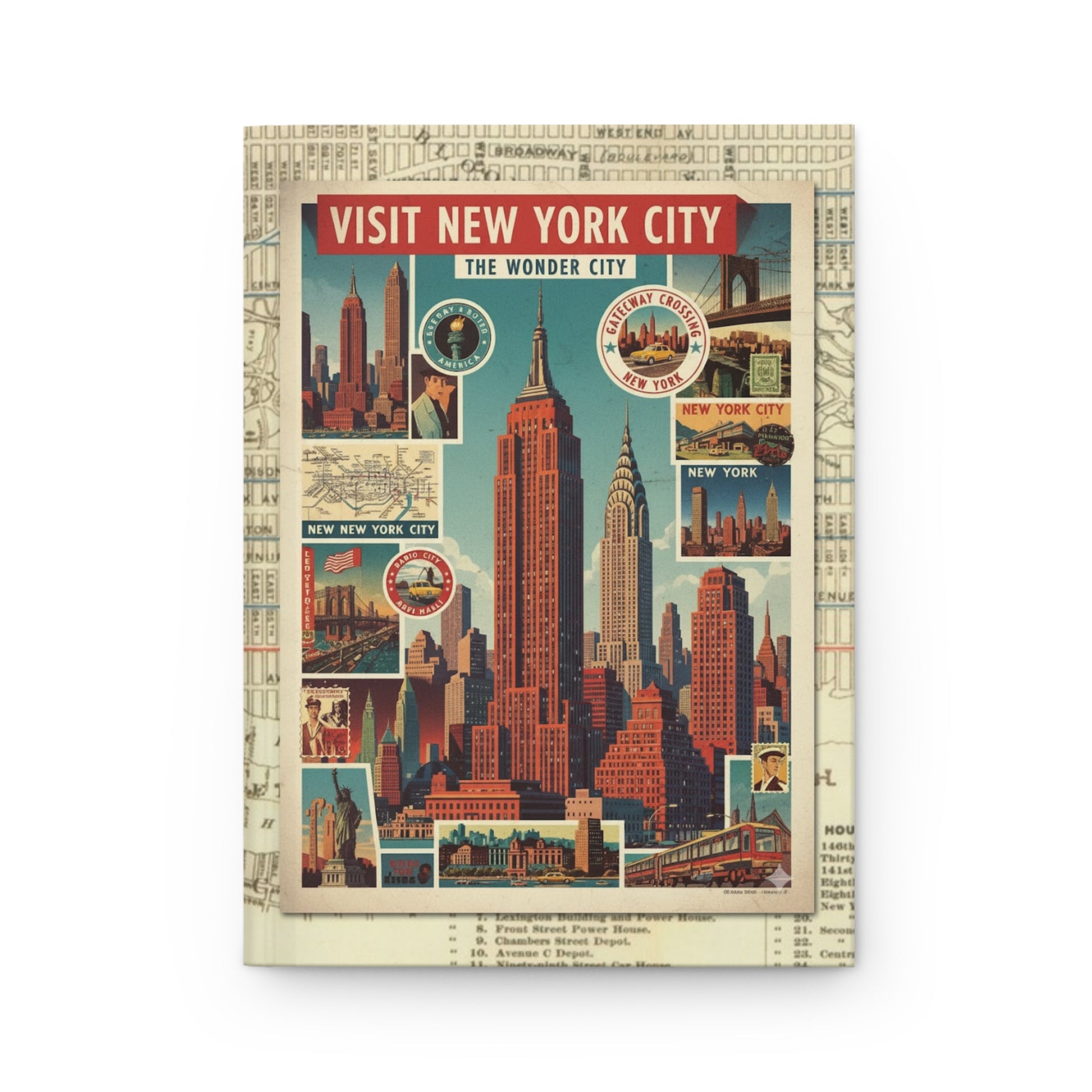 Front cover close-up vintage-style Art Deco New York travel poster Empire State Building Chrysler Building Brooklyn Bridge Statue of Liberty bold typography geometric forms - LeBonJournal