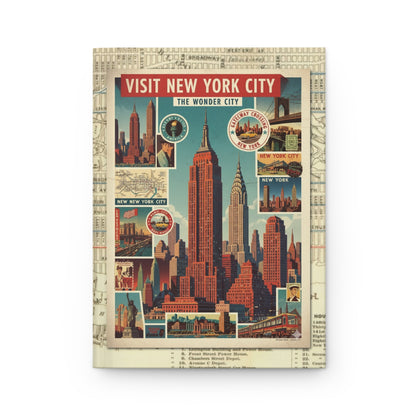 Front cover close-up vintage-style Art Deco New York travel poster Empire State Building Chrysler Building Brooklyn Bridge Statue of Liberty bold typography geometric forms - LeBonJournal