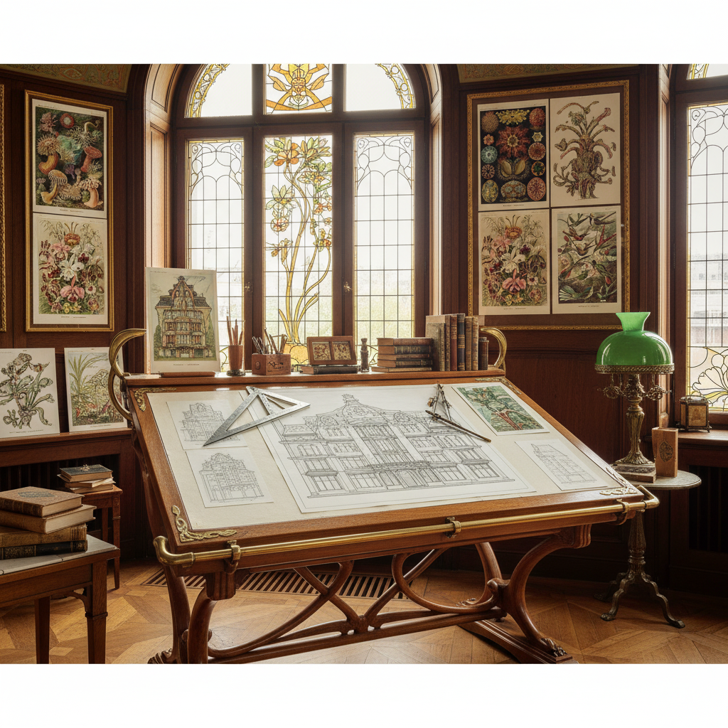 Art Nouveau architect's studio with Ernst Haeckel prints inspiring organic architectural design - LeBonJournal