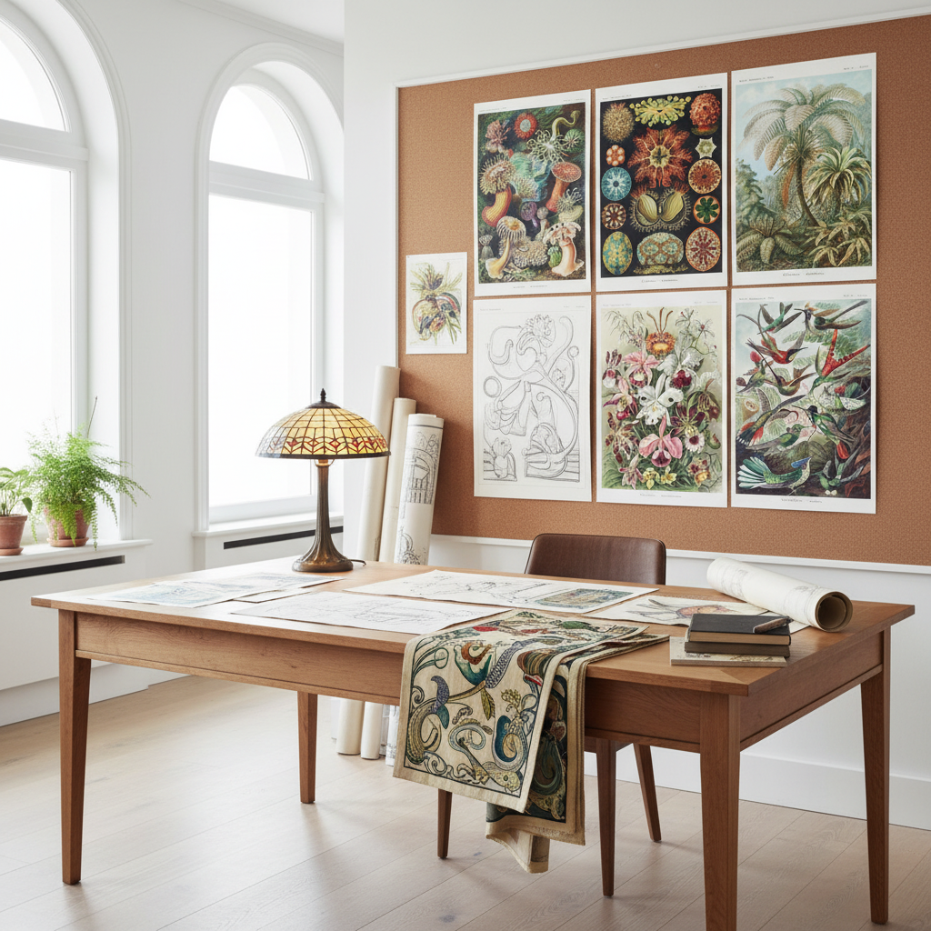Art Nouveau designer workspace featuring Ernst Haeckel biological illustrations as creative inspiration - LeBonJournal